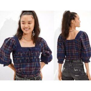American Eagle Lace Puff Sleeve Top Plaid Cottagecore Peasant Crop Size SMALL